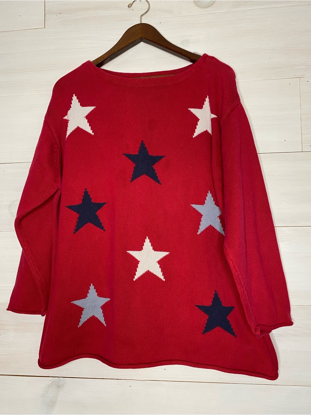 Norton Studio Vintage 90s Red Cotton Star Print Sweater XL Americana Boatneck